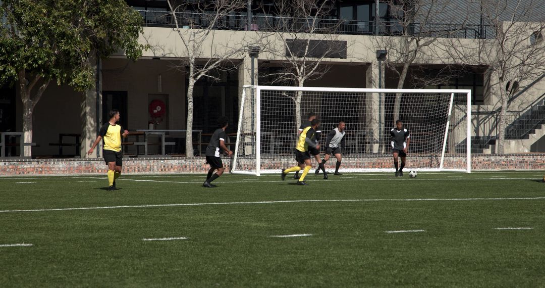 Intense Soccer Match with Players Highlighting Competition and Teamwork