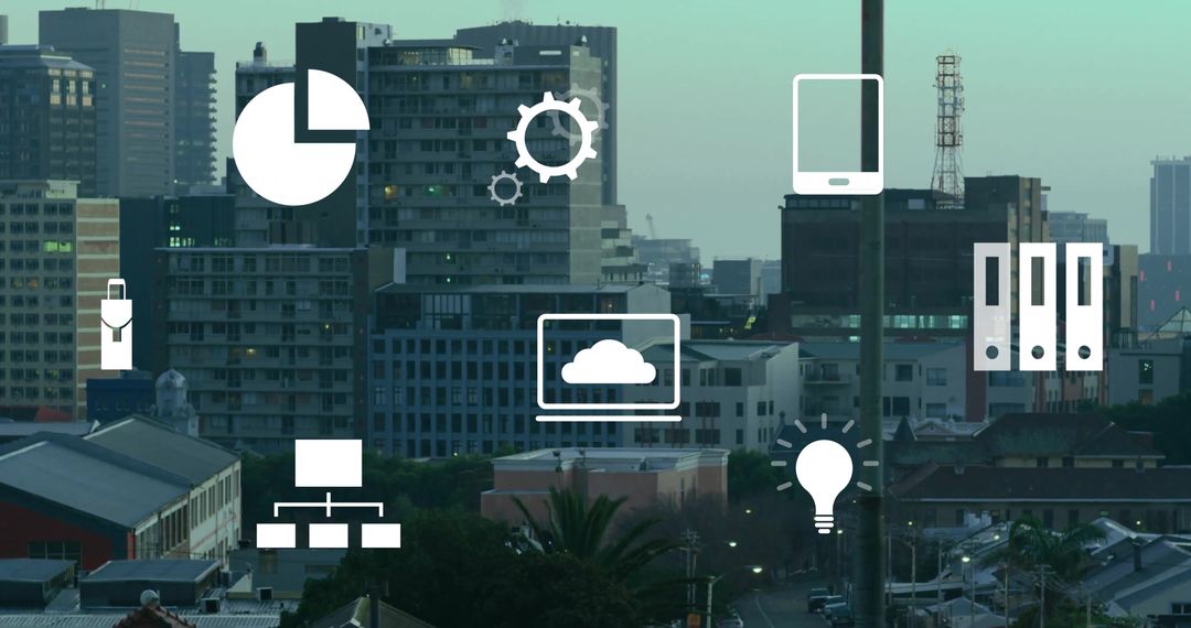 Digital Icons Over Cityscape Representing Financial Data Processing