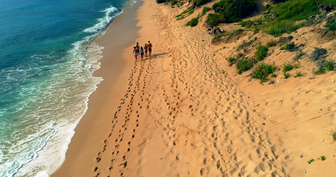 Aerial View of People Walking Along Sandy Beach Path - Free Images, Stock Photos and Pictures on Pikwizard.com