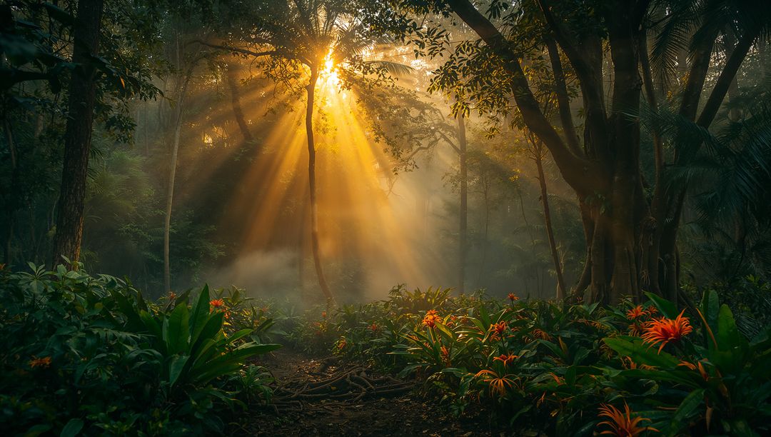 Golden Sunbeams in Misty Forest Clearing at Dawn