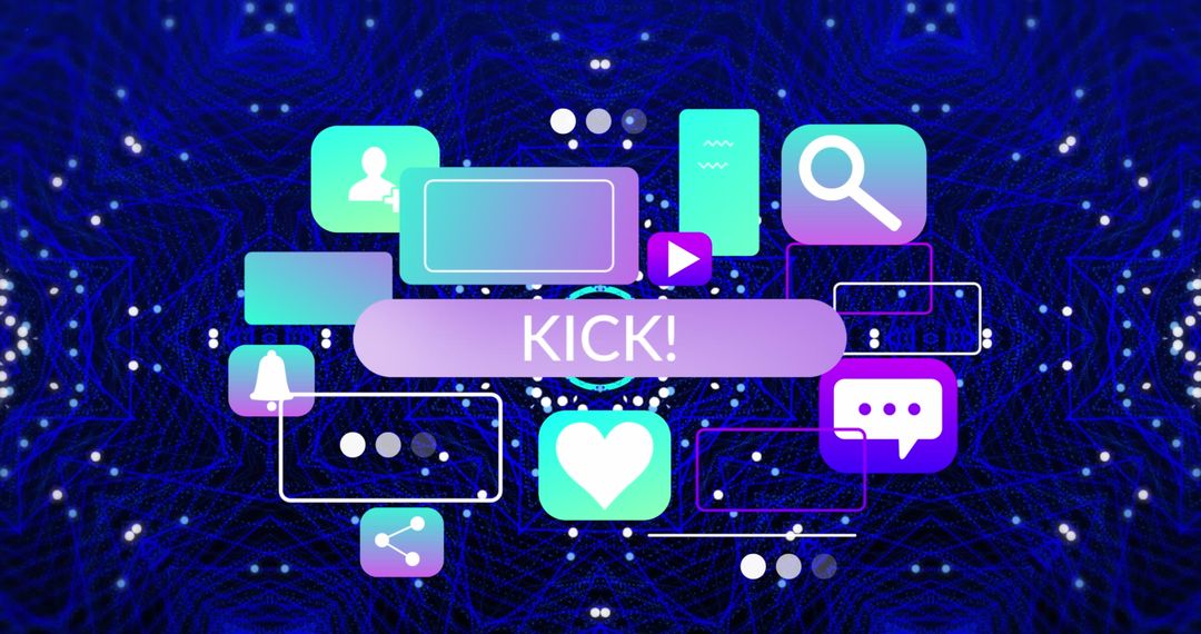 Kick Text and Digital Interface Icons on Blue Abstract Background