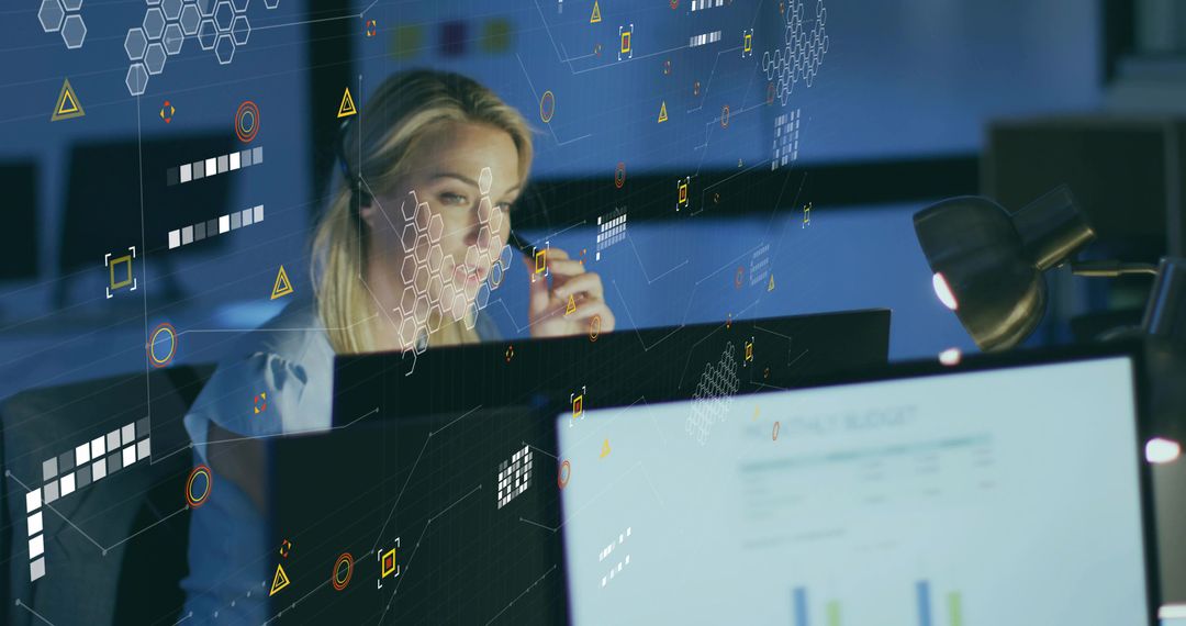 Focused Woman Analyzing Data with Virtual Elements