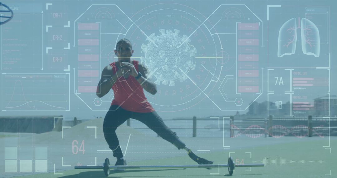 Adaptive Athlete Lunging at Waterfront with Digital Infographic Overlay