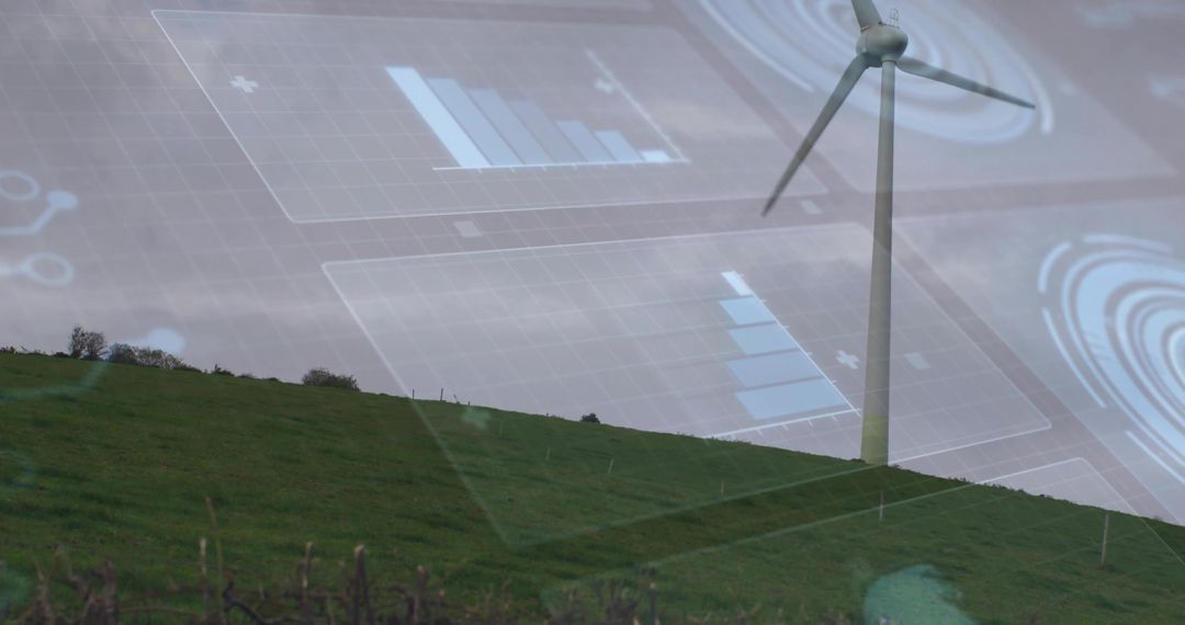 Wind Turbine on Hill with Futuristic Data Overlays