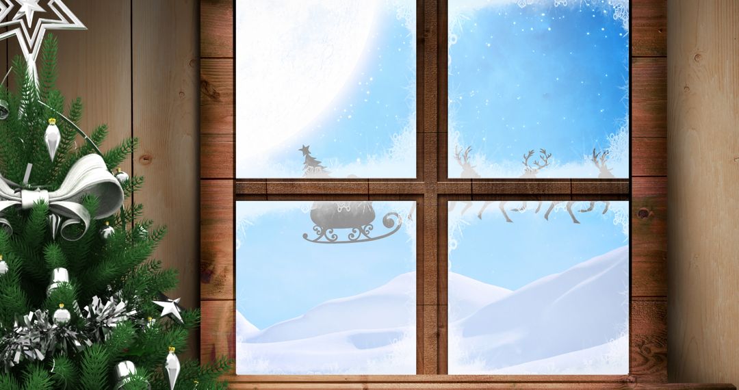 Santa Claus with Sleigh Viewed Through Frosted Window at Christmas