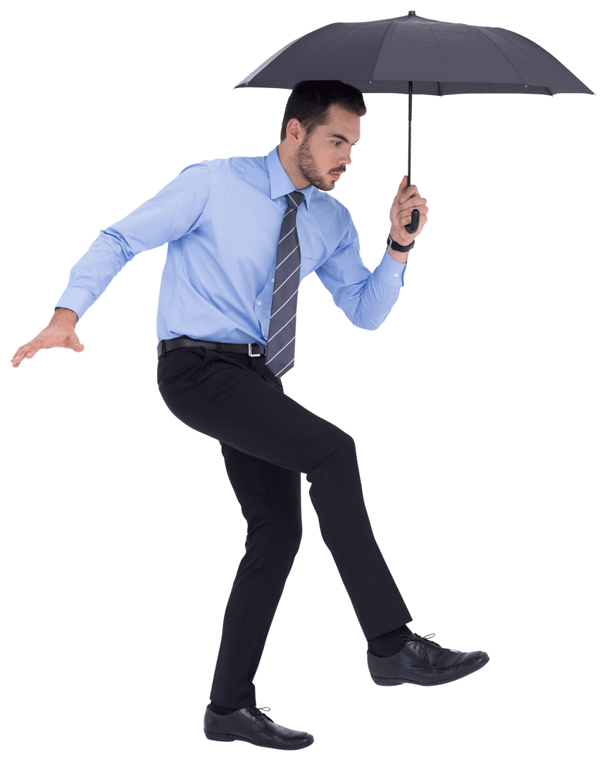 Transparent Businessman Balancing with Umbrella