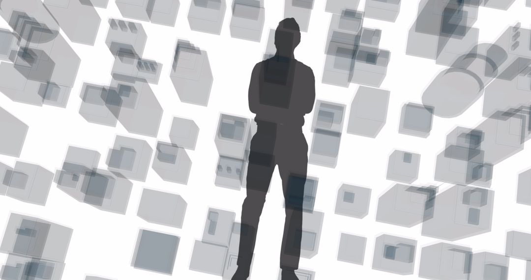 Silhouette of Man Amidst Floating Abstract Blocks