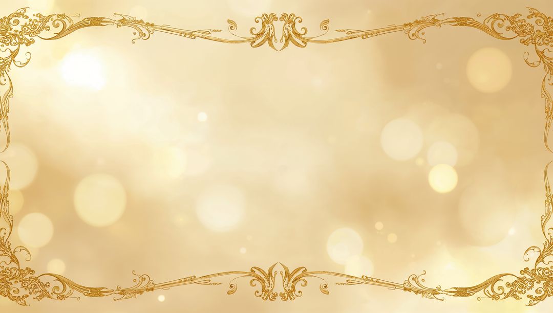 Ornate Gold Filigree Frame with Glowing Bokeh Background for Elegant Invitations