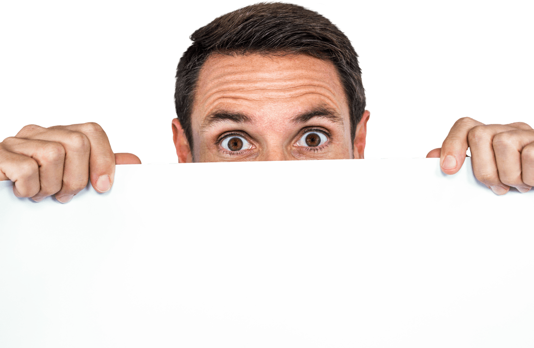 Surprised Man Holding Blank White Board on Transparent Background