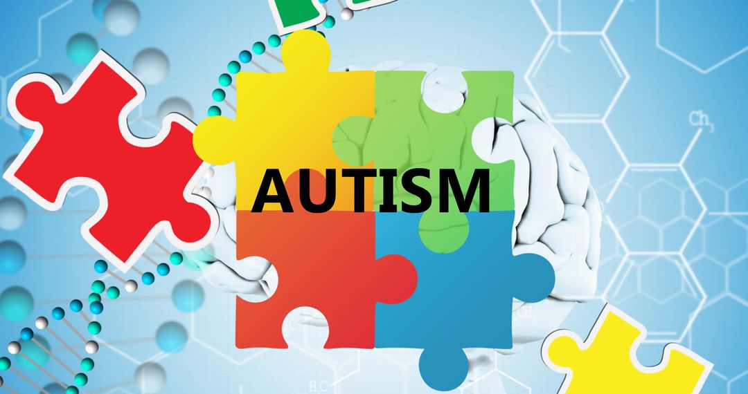 Autism Awareness Concept Puzzle and DNA Background