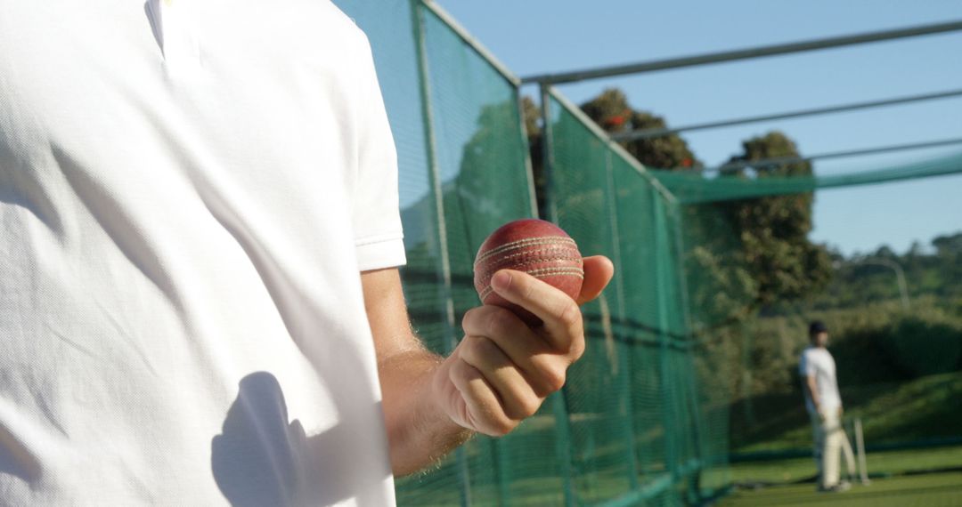 Cricket Player Holding Ball Near Practice Nets on Sunny Day - Free Images, Stock Photos and Pictures on Pikwizard.com