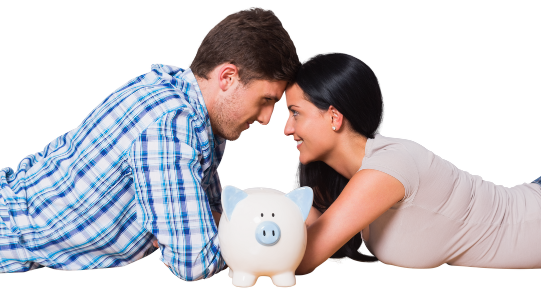 Smiling Caucasian Couple with Piggy Bank on Transparent Background - Download Free Stock Images Pikwizard.com