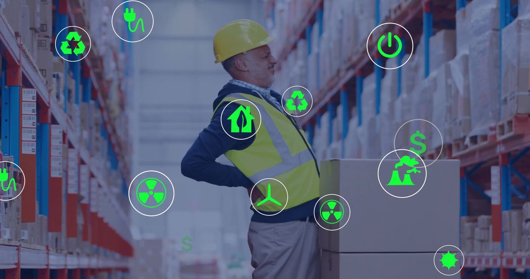 Warehouse worker straining while lifting pallet with sustainability icons overlay