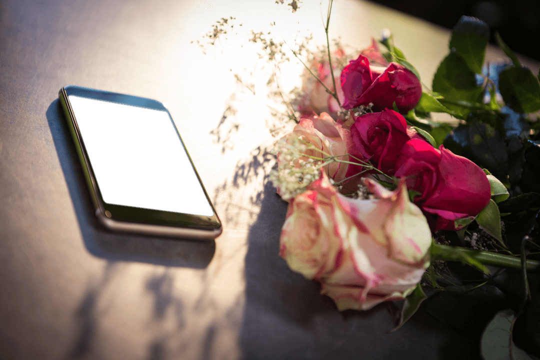 Bouquet of Roses with Transparent Smartphone on Table