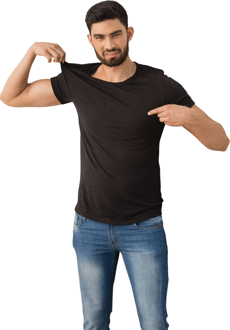 Man Pointing at Black T-Shirt with Transparent Background