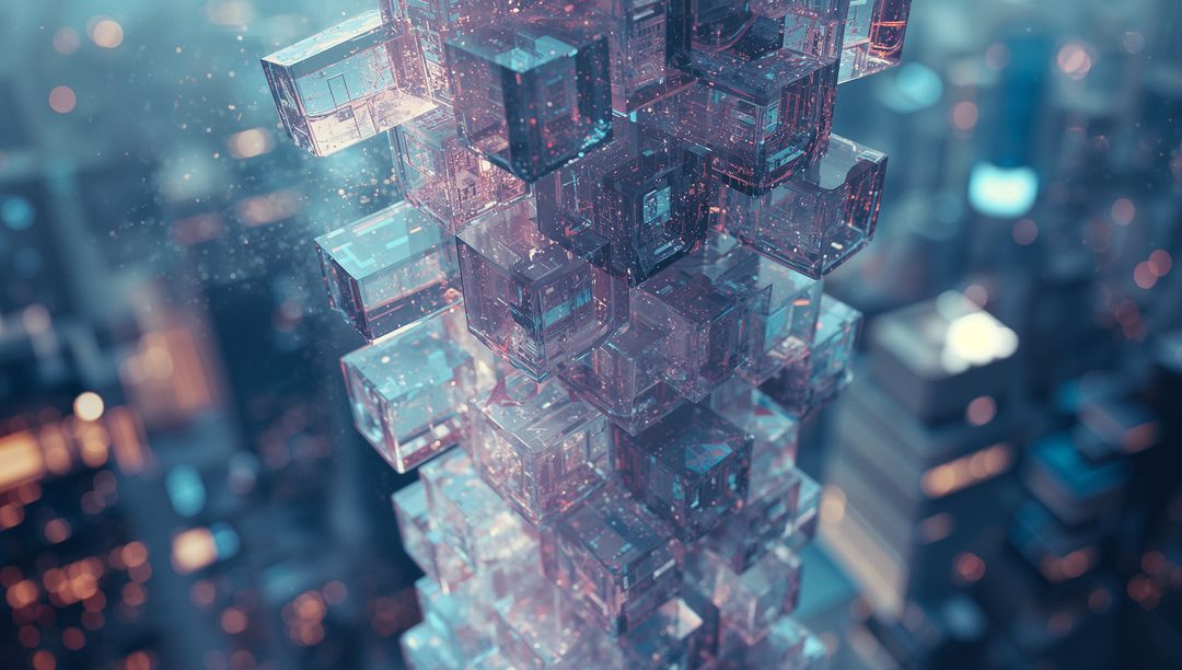 Crystal Cube Tower Refracting Teal and Violet Light over Futuristic City Skyline