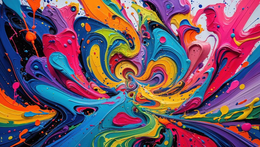 Dynamic vortex of crazy swirling paint ribbons on vibrant canvas