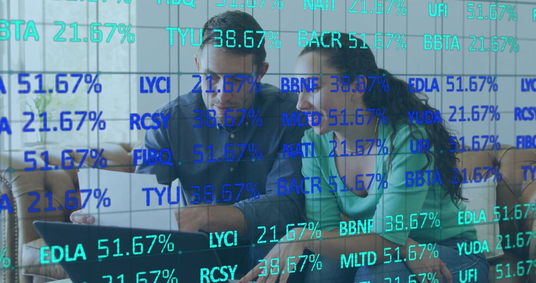 Couple Analyzing Financial Stocks on Laptop with Data Overlay