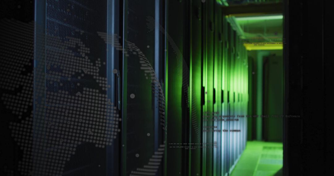 Green-Lit Data Center with Digital Processing Overlay
