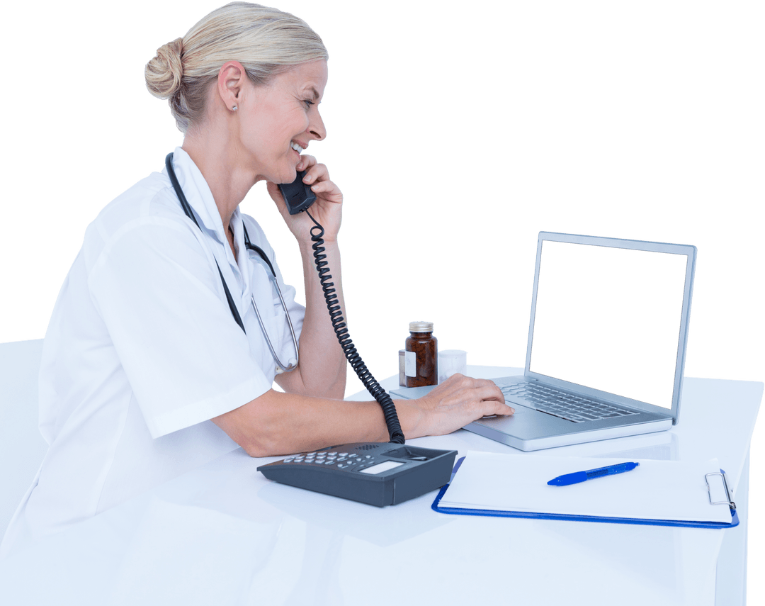 Smiling Female Doctor Using Laptop and Telephone Transparent Background