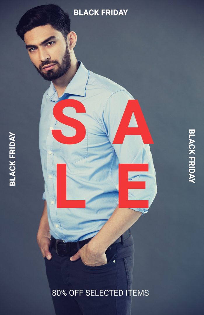 Confident Man with Bold Text Promoting Black Friday Savings