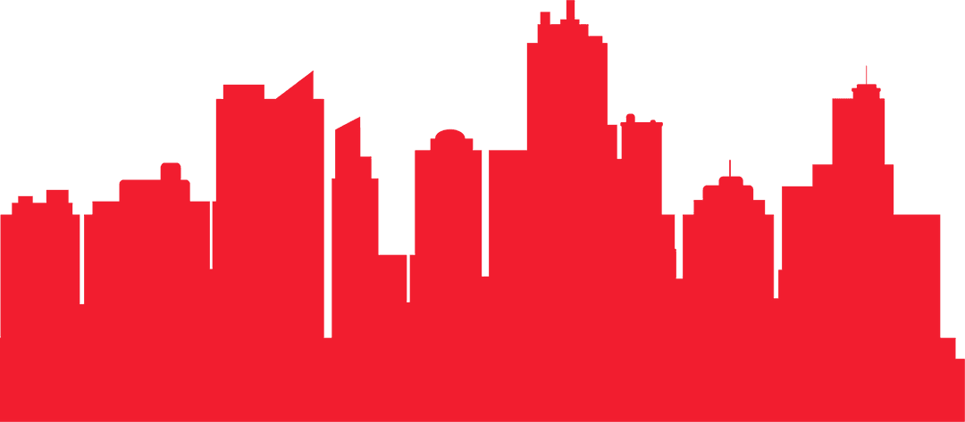 Flat red urban skyline silhouette on transparent background