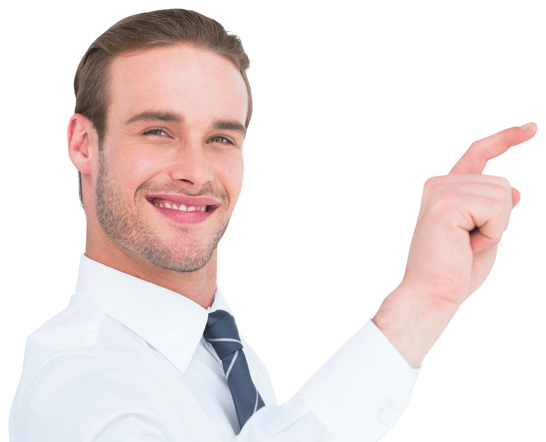 Smiling Businessman Pointing Transparently on White Background