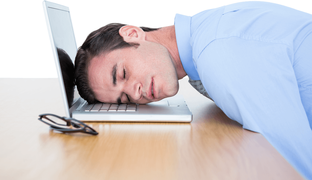 Transparent Tired Businessman Sleeping on Laptop at Desk