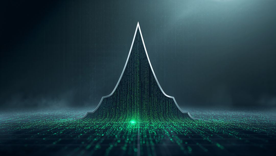 Rising Data Peak Emitting Green Code Streams Over Glowing Digital Grid for AI Analytics