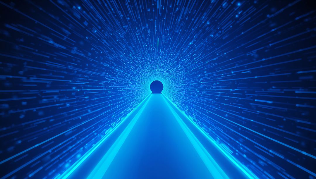 Leading Neon Digital Tunnel Showing Glowing Portal, Triangular Path and Radial Particle Trails