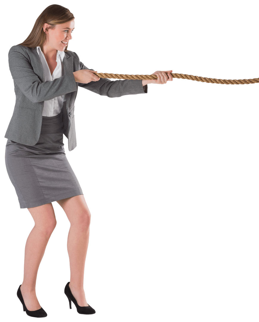 Determined businesswoman pulling transparent rope in strength test
