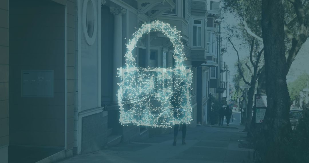 Cyber Security Visualized as Digital Padlock in Urban Setting