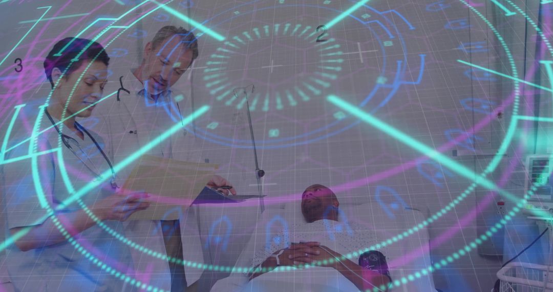 Doctors Analyzing Patient Data with Holographic Technology Interface