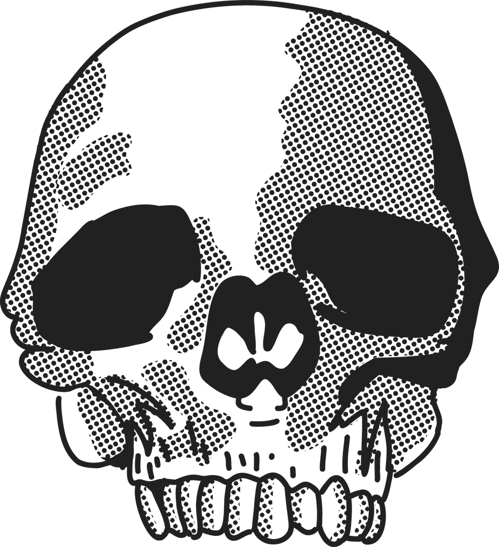 Grunge Stylized Skull Icon on Transparent Background Showing Half-tone Shading