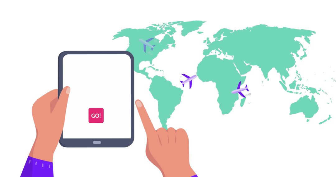Tablet Navigation with World Map and Airplanes Concept
