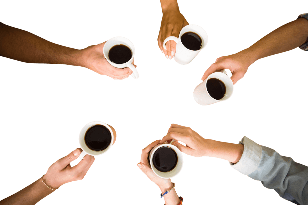 Top View Six Diverse Hands Holding Coffee Cups Transparent
