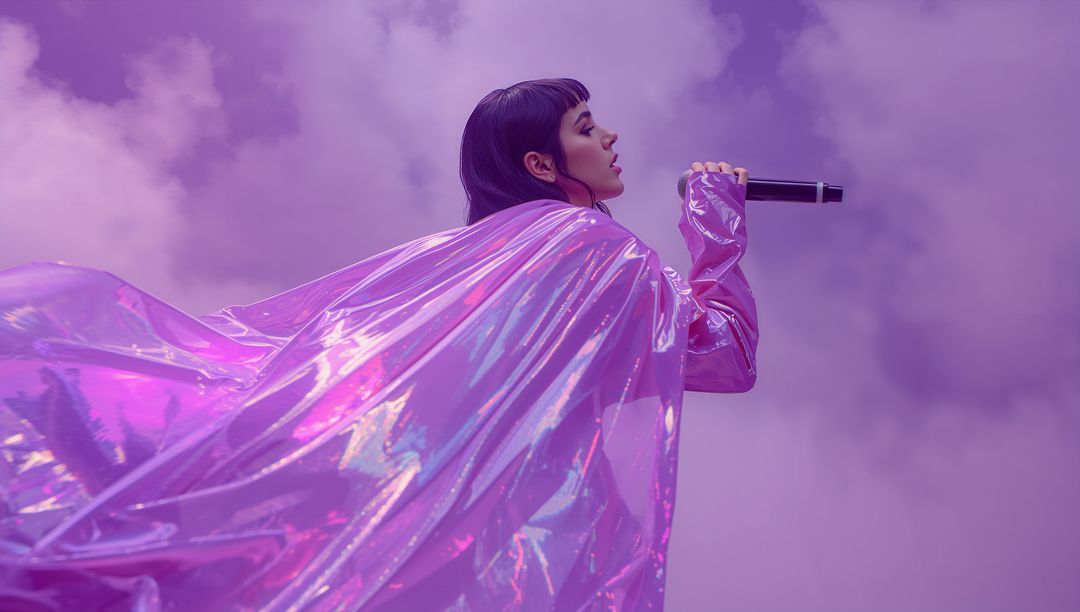 Solo Performer Singing with Iridescent Magenta Cloak on Stage