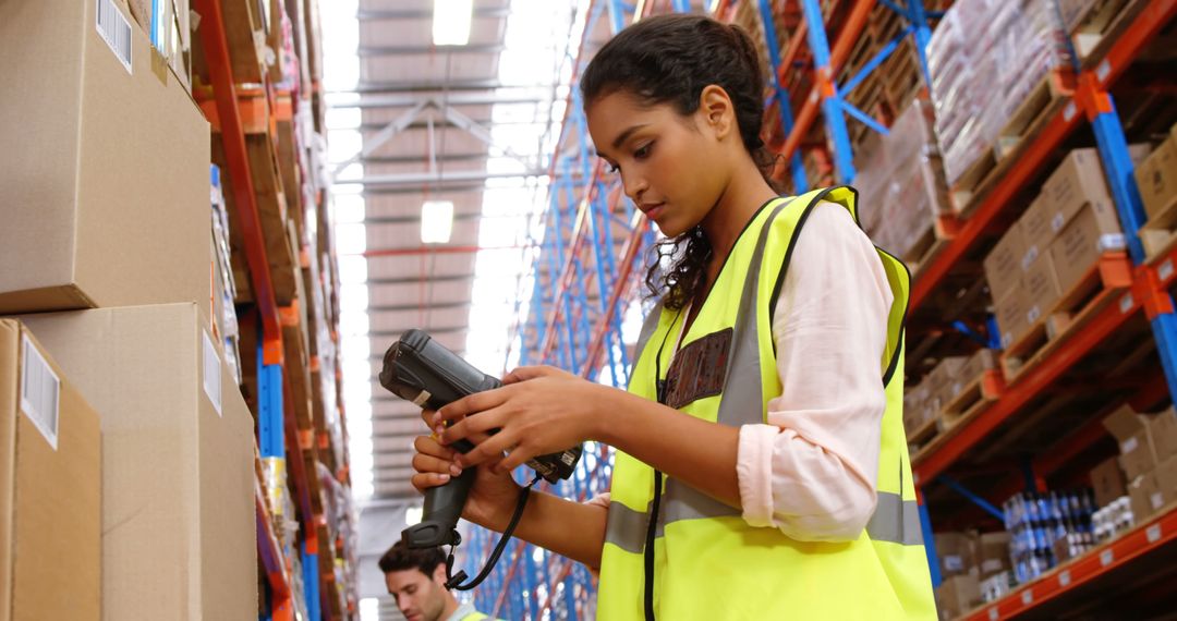 Focused biracial female worker using barcode reader in aisle at storage warehouse - Free Images, Stock Photos and Pictures on Pikwizard.com