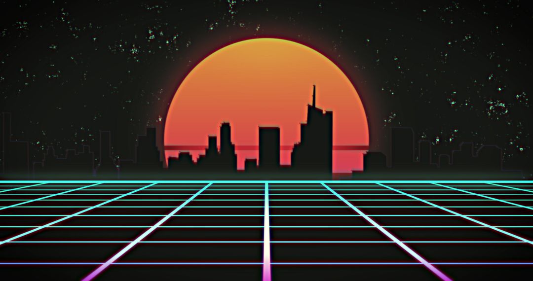 Retro Futuristic Cityscape with Neon Grid