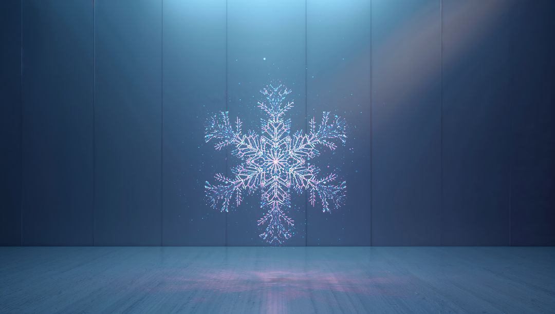 Glowing Snowflake Hologram in Futuristic Studio Environment