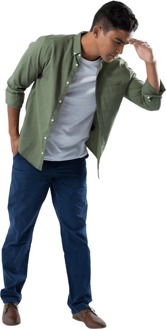 Young Man in Casual Attire Shielding Eyes Transparent Background
