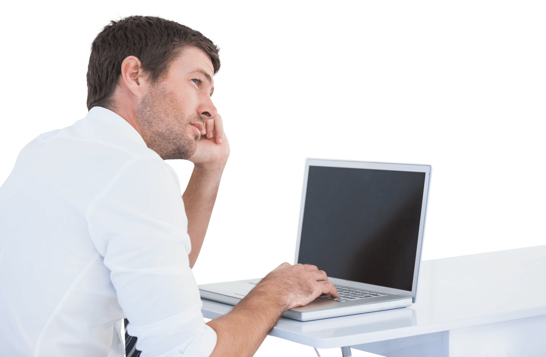 Transparent Background: Thoughtful Businessman Using Laptop