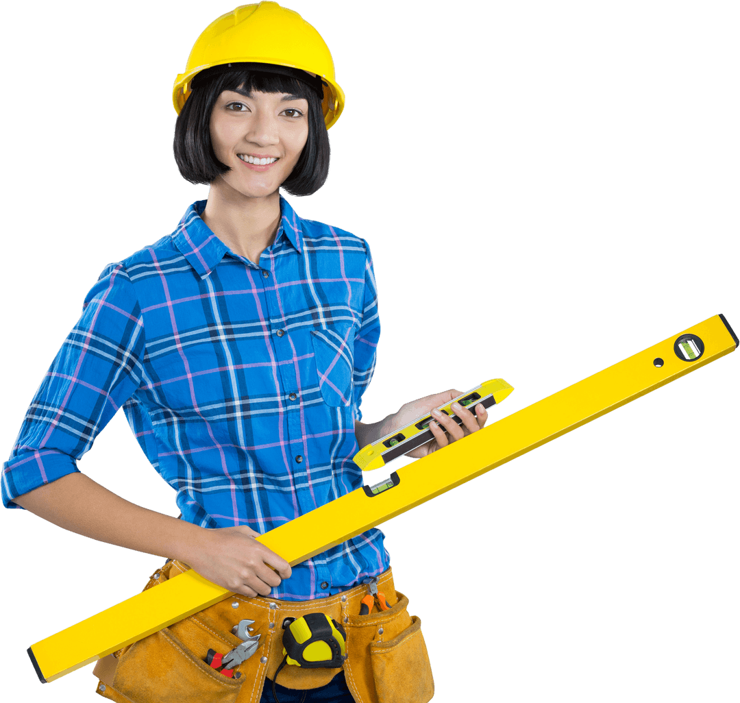 Transparent Smiling Female Construction Worker Holding Leveling Tool
