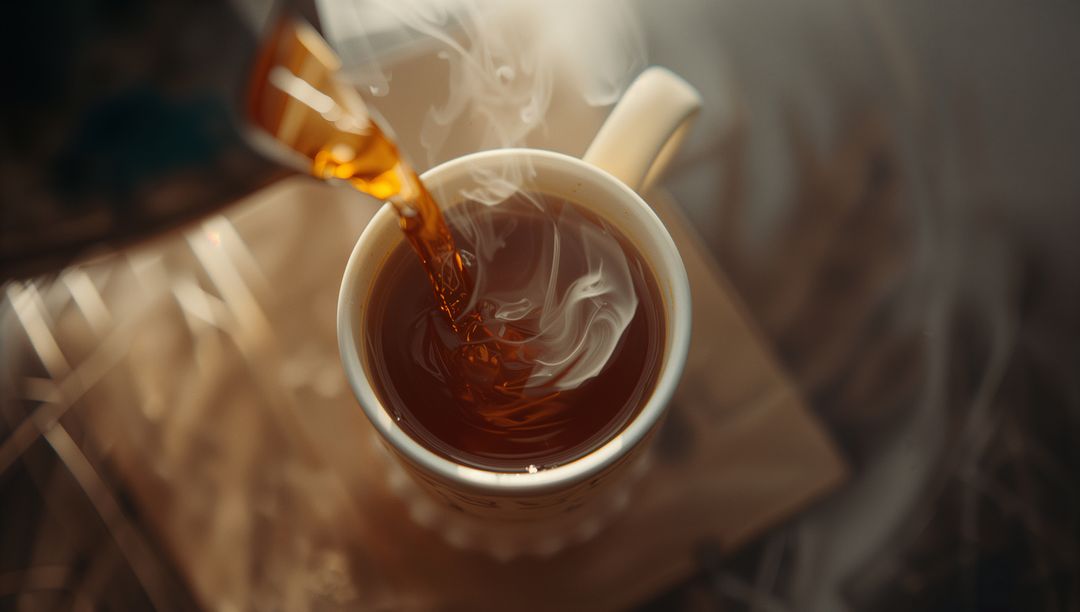 Pouring Hot Tea into Cozy Rustic Mug