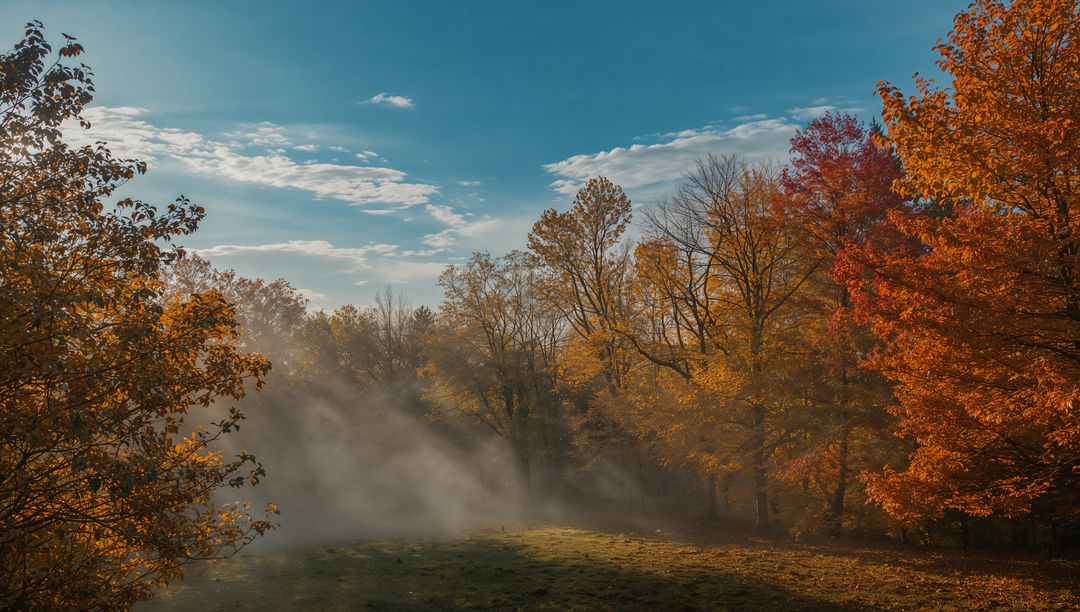 Sunlit Autumn Mist Drifting Through Woodland Clearing with Colorful Fall Foliage