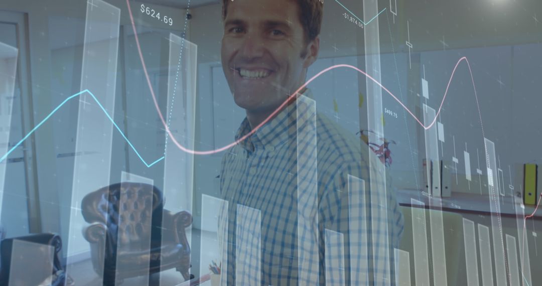 Smiling Businessman with Financial Data Overlay