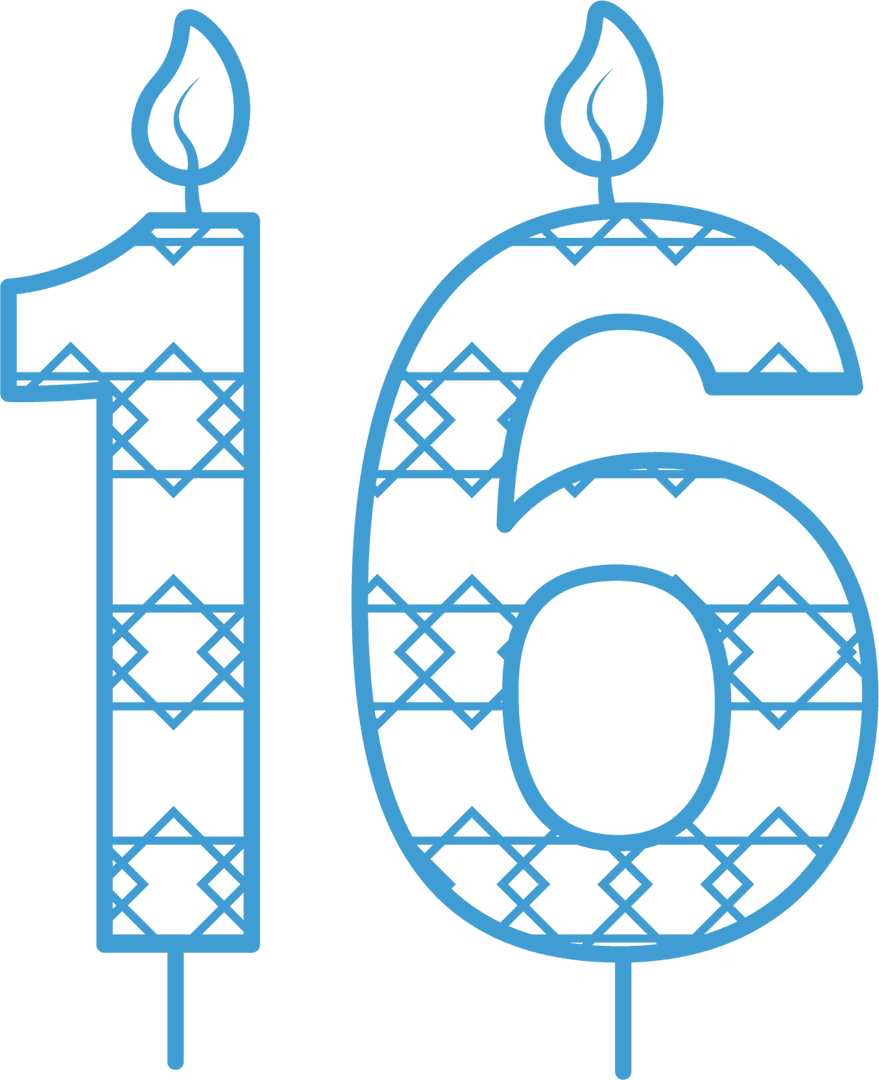 Blue 16 Birthday Candle with Decorative Pattern on Transparent Background