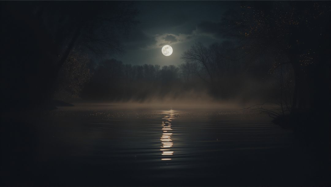 Misty Moonlit Lake with Reflection and Silhouetted Trees