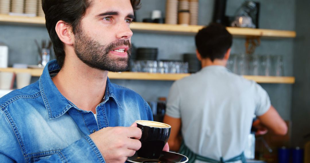 Young Man Holding Coffee Cup in Café - Free Images, Stock Photos and Pictures on Pikwizard.com