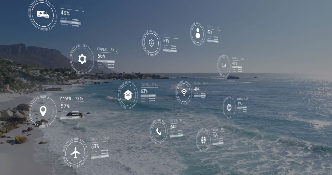 Digital interface with data visualization over seaside landscape